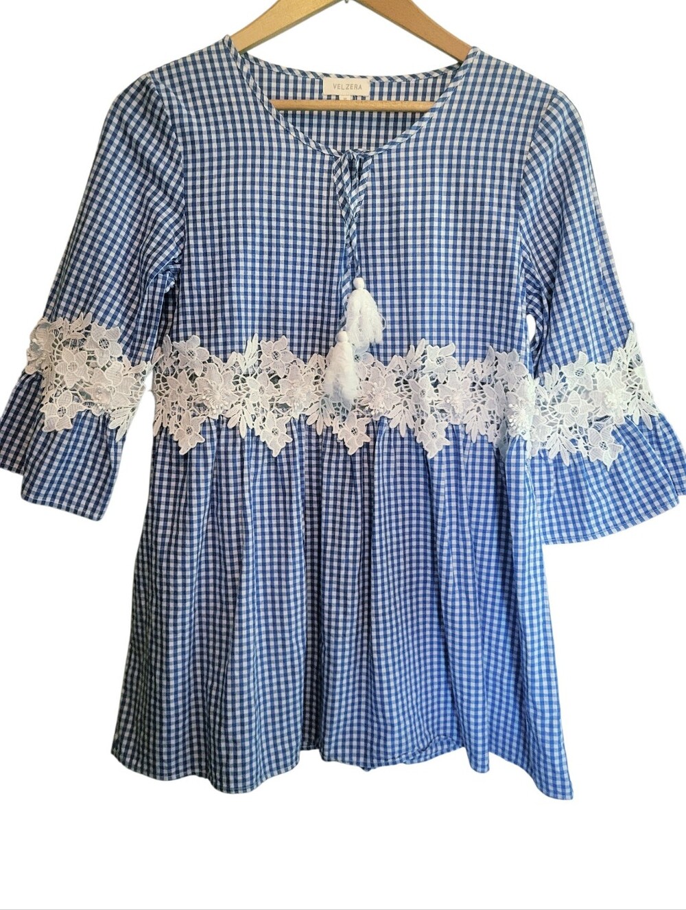 Velzera Blue White Plaid Gingham Crochet Lace Trim Peasant Dress size Small